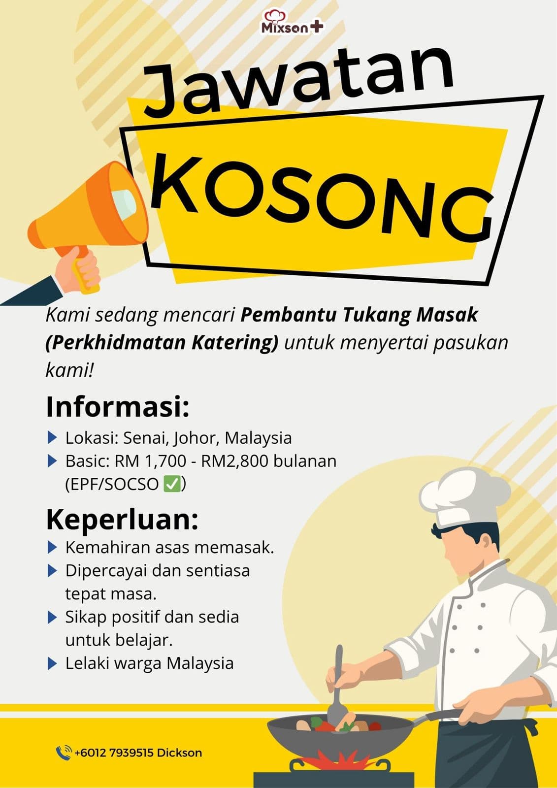 Hiring poster for Catering Assistant Chef at Mixson Plus
