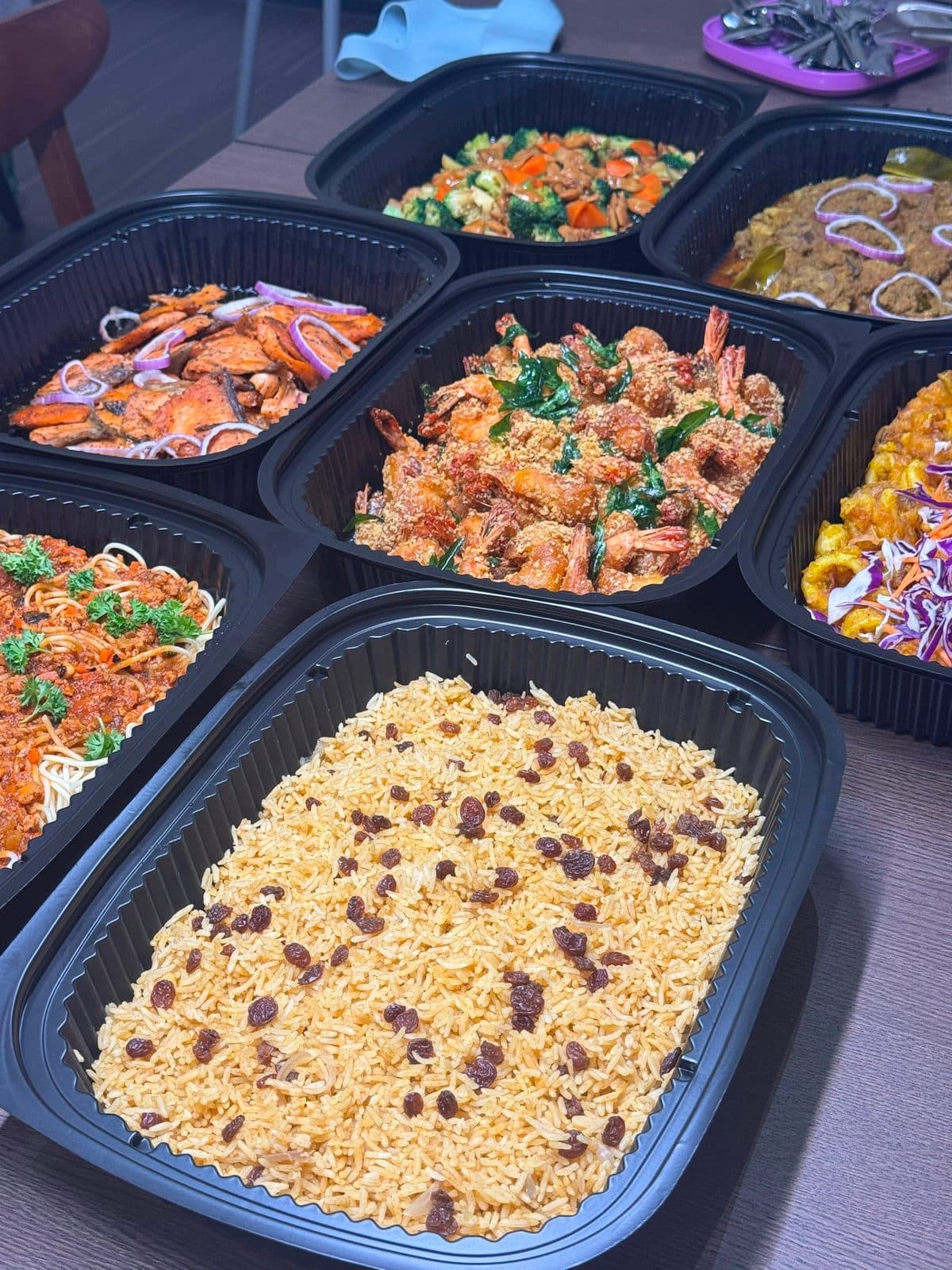 Mini buffet spread with chilli crab, cereal prawn and raisin rice